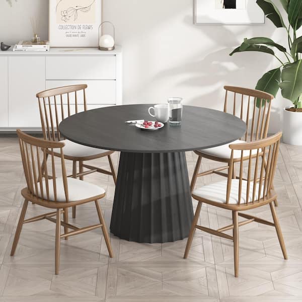 Lirago Round Black Wood 46 in. Column Base Dining Table Seats 4