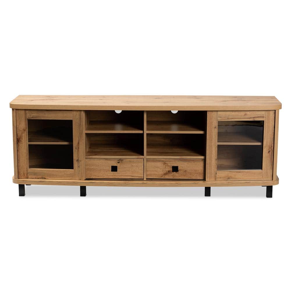 Oak Brown Wood TV Stand with Glass Doors and Drawers