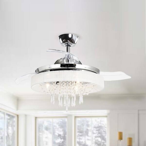 Silver Retractable LED Ceiling Fan Light Remote Control Crystal Chandelier 42" 