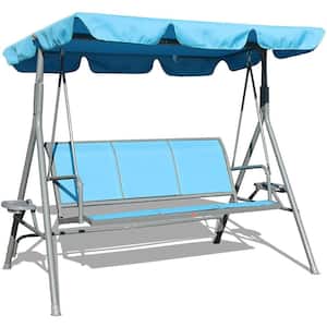 3-Person Metal Patio Swing Seat with Adjustable Canopy in Blue
