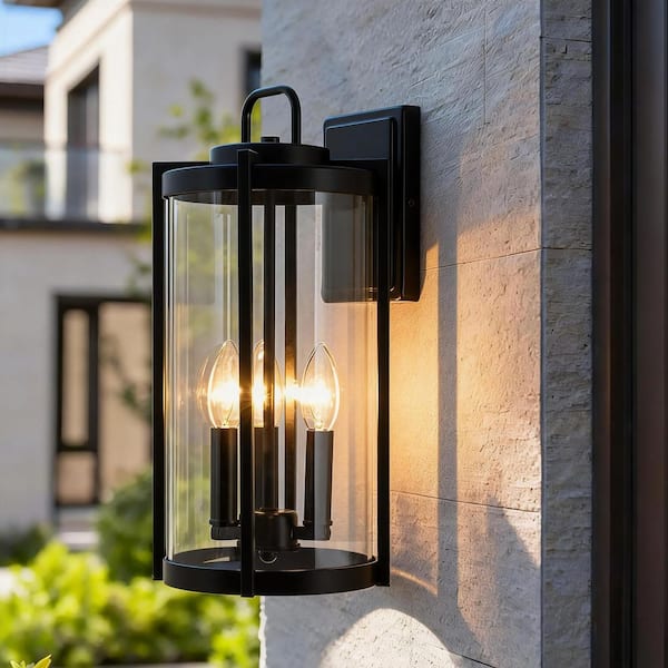 16.5 in. 3-Light Matte Black Hardwired Large Outdoor Wall Light Lantern Porch Sconce with Clear Glass, No Bulbs Included