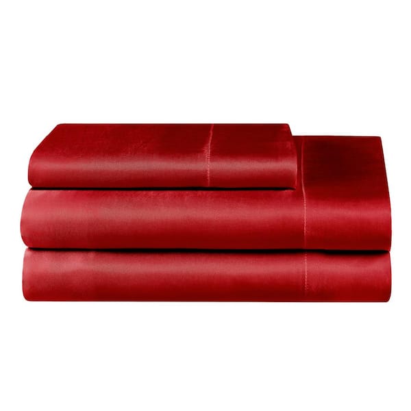 JUICY COUTURE Silky Satin 3-Piece Red Solid Color Microfiber Twin XL Deep Pocket Sheet Set
