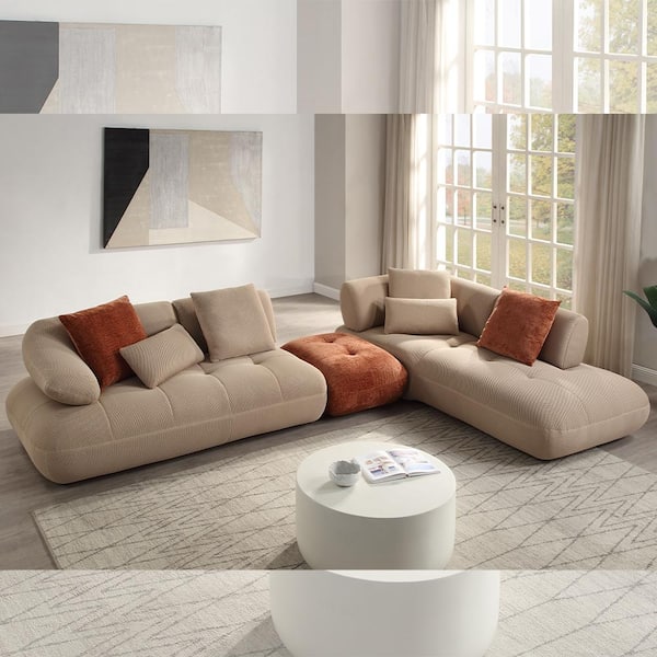 Acme Furniture Carrick 83 in. Beige Sandwich Mesh Fabric Fabric Sectional Sofa With 6 Pillows