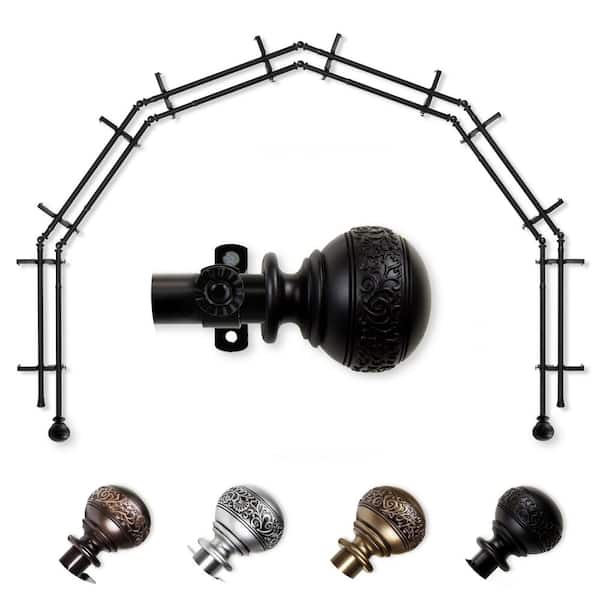 EMOH 13/16" Dia Adjustable 6-Sided Double Bay Window Curtain Rod 28 to 48" (each side) with Douglas Finials in Black