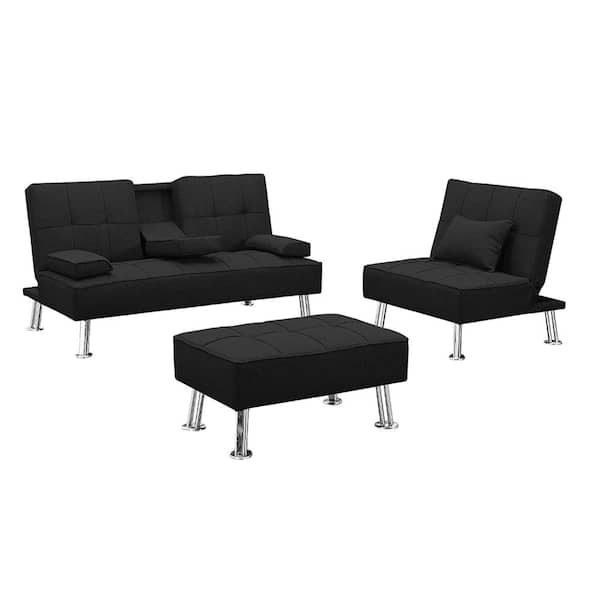 Unbranded 61.42 in. 3-Piece Fabric Straight Sectional Folding Sofa Bed in Black with 2 Cup Holders