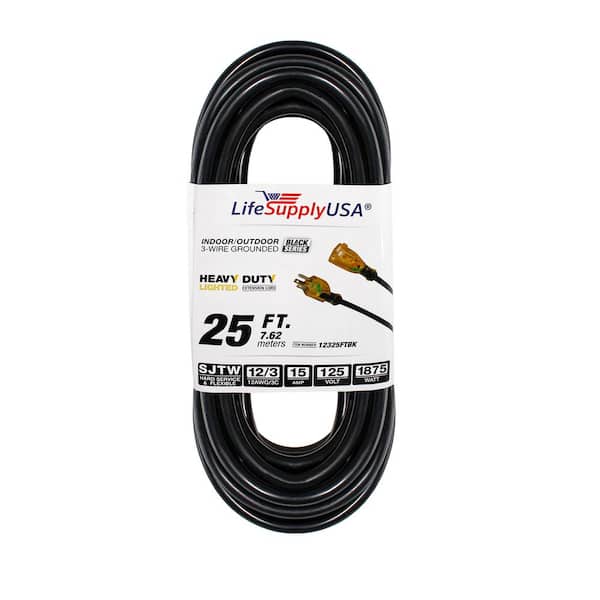 LifeSupplyUSA 25 ft. 12/3 SJTW 15 Amp 125-Volt 1875-Watt Lighted End Indoor/Outdoor Black Heavy-Duty Extension Cord