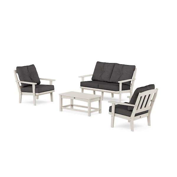 Trex Outdoor Furniture Cape Cod Sand Castle 4-Piece Plastic Patio Conversation Set with Loveseat in Ash Charcoal Cushions
