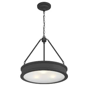 100-Watt 3-Light Matte Black Drum Pendant Light with Frosted Clear Glass Shade, No Bulbs Included