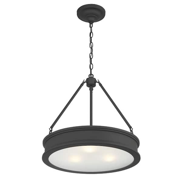 Minka Lavery 100-Watt 3-Light Matte Black Drum Pendant Light with Frosted Clear Glass Shade, No Bulbs Included