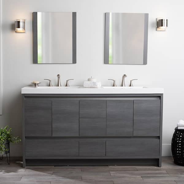Home Decorators Collection Oakes 61 in. W x 19 in. D x 34 in. H Double Sink Freestanding Bath Vanity in Phantom with White Cultured Marble Top