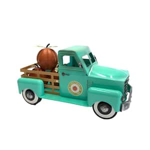 10 in. Tall Country Style Metal Truck with Pumpkins in Antique Teal