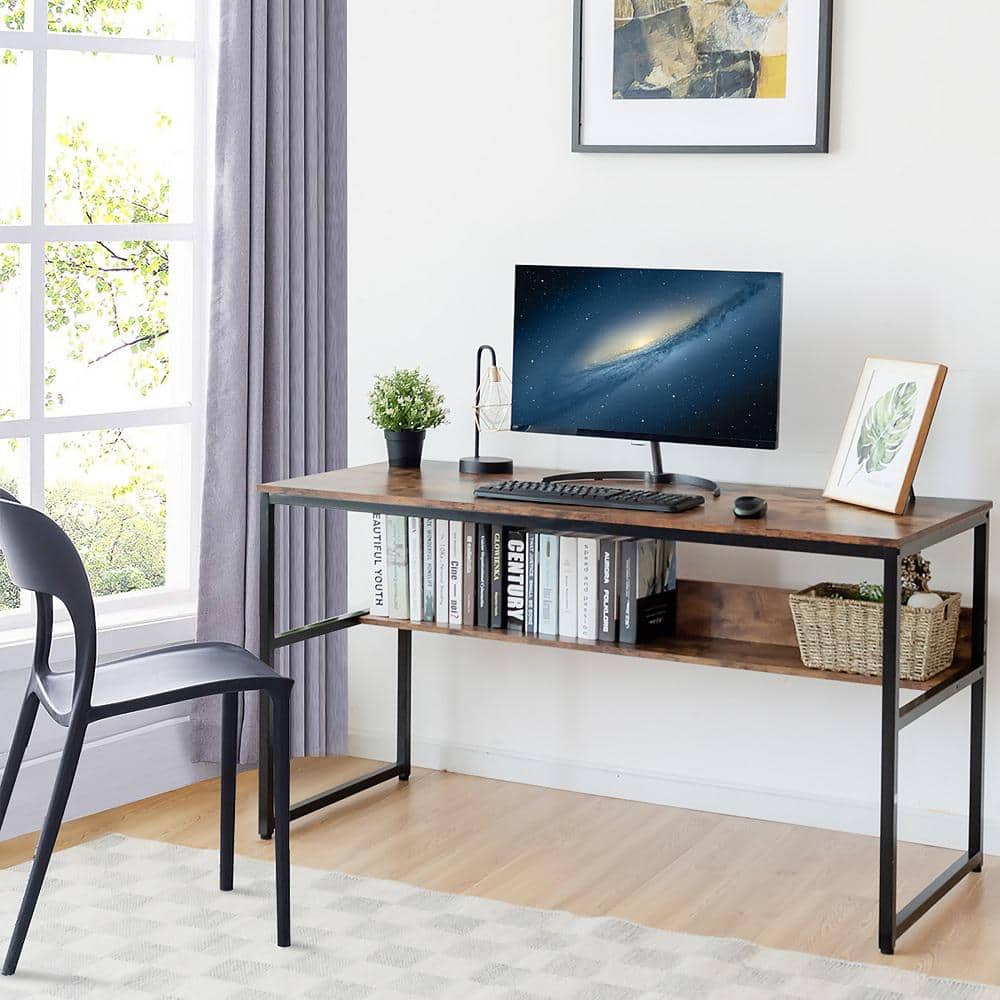 Antique 55'' Industrial Wood and Metal Computer Desk with Storage Shelf