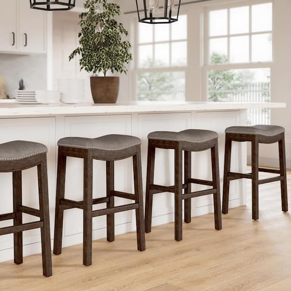 Sadie 31in. H Saddle Distressed Espresso Wood Bar-Height Barstool with Smoke Gray Fabric
