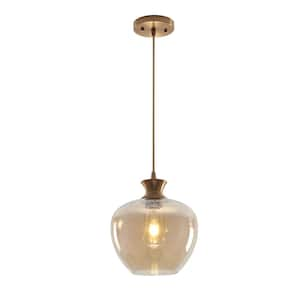 1-Light Brass Adjustable Hanging Pendant Light with Amber Class Shaded for Living Room, No Bulbs Included