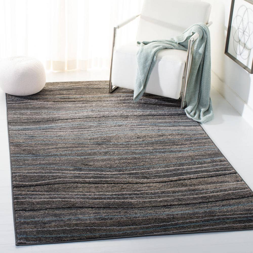 Silver and Beige Striped Synthetic Outdoor Area Rug