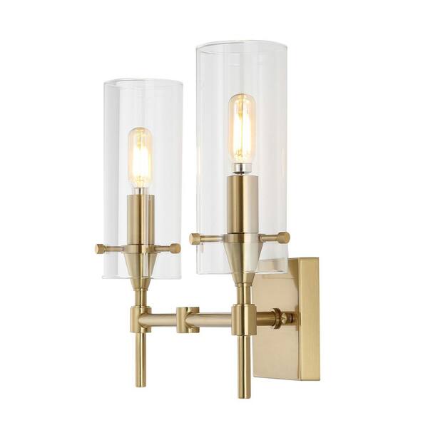 Cato 13.5 in. 2-Light Brass Gold/Clear Modern Farmhouse Iron/Glass LED Vanity Light