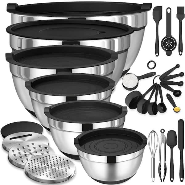 26-Piece Stainless Steel Mixing Bowls Set with Airtight Lids, Grater Attachments, Non-Slip Bottoms in Black