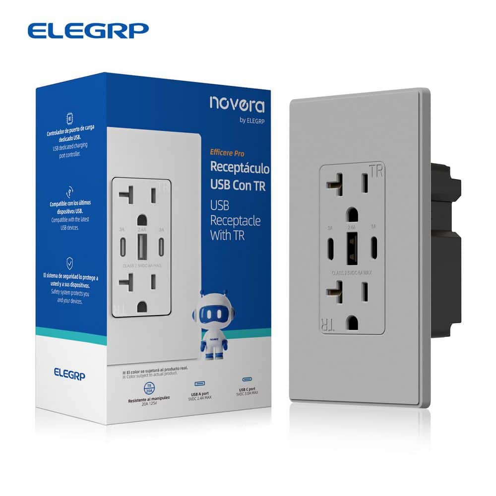 30W 6.0 Amp 3-Port USB Wall Outlet, 20A Duplex Receptacle with Dual Type C & A Ports, w/Wall Plate, Matte Grey 1PC price history on PriceWatchPro