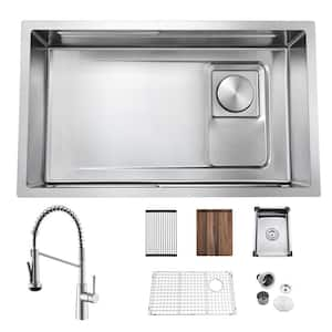 32 in. Undermount Single Bowl 18 Gauge Stainless Steel Double Ledges Kitchen Sink with Faucet and Sliding Accessories