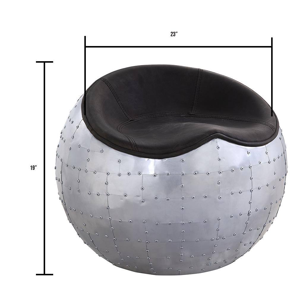 Brancaster Round Leather and Aluminum Ottoman in Antique Ebony
