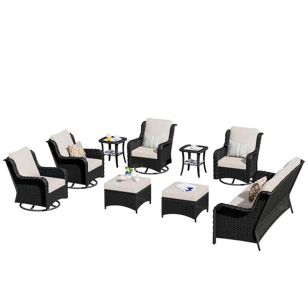 OVIOS Janus Brown 9-Piece Wicker Patio Conversation Seating Set with Beige Cushions and Swivel Chairs