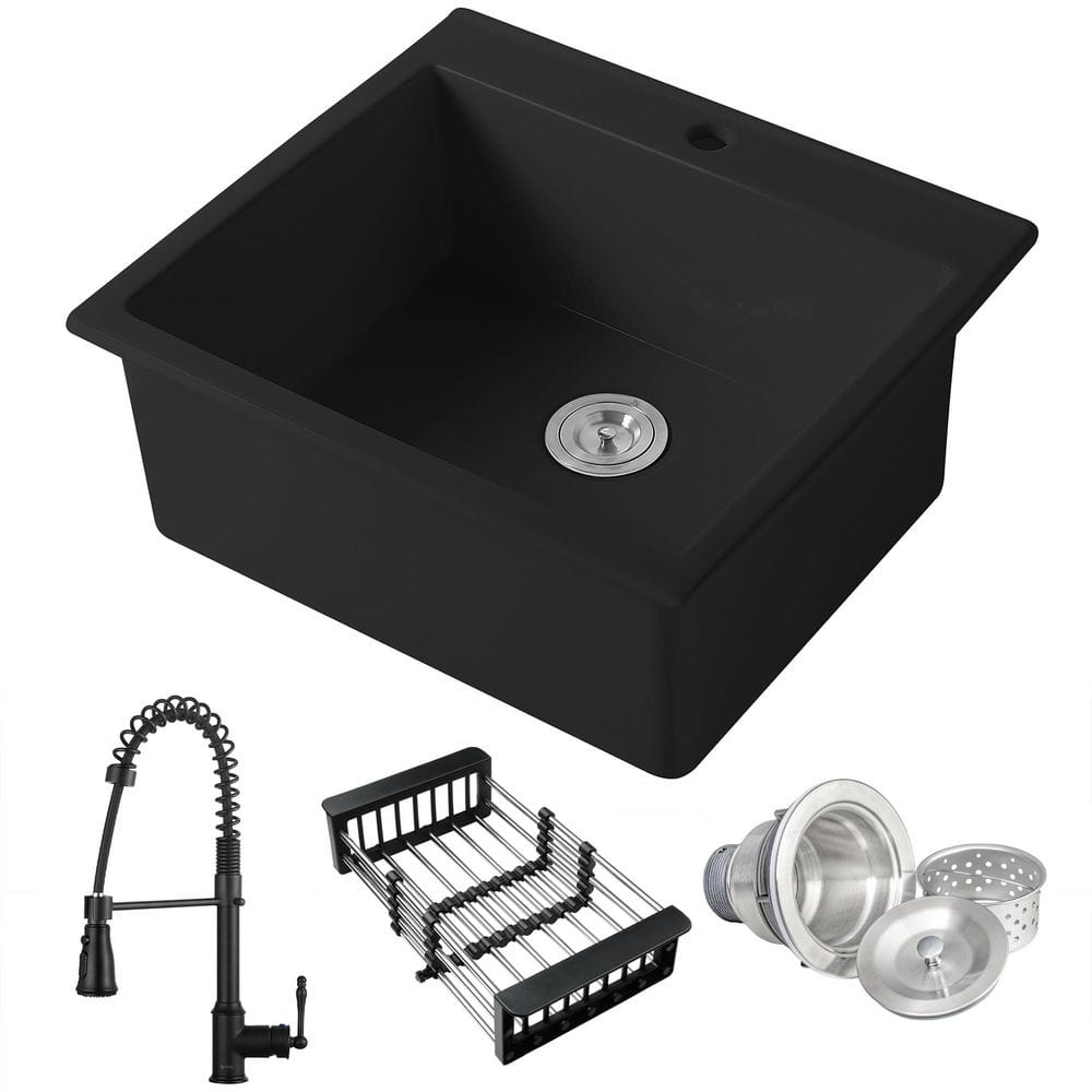 Workstation 24 in. Drop-In Single Bowl Black Fireclay Kitchen Bundle and Faucets with Basket Strainer price history on PriceWatchPro
