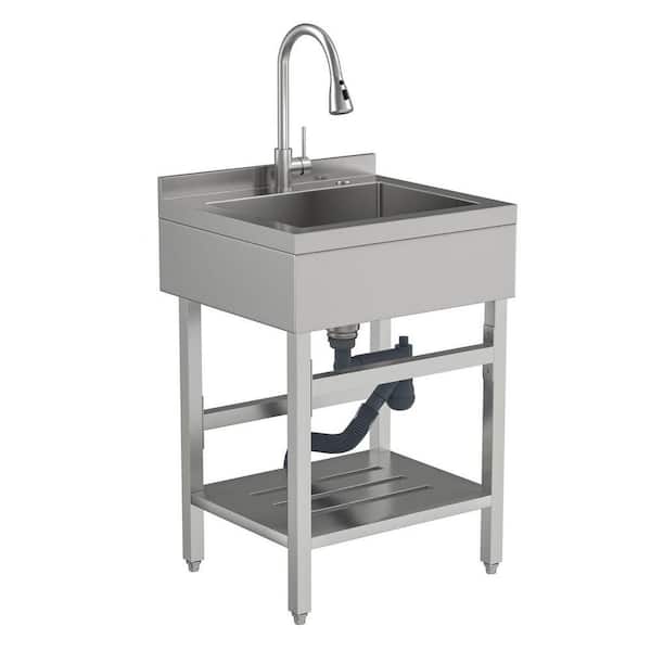 24 in. Freestanding Sink Stainless Steel 1-Compartment Commercial Laundry/Utility Sink with Pull-Out Faucet for Kitchen