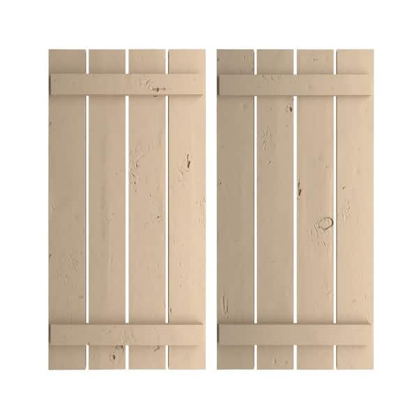 Ekena Millwork 23.5 in. x 36 in. Timberthane Polyurethane 4-Board Spaced Board-n-Batten Knotty Pine Faux Wood Shutters Pair