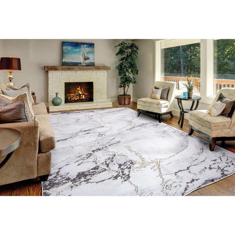 Gray and White Marble Abstract Area Rug with Gold Accents
