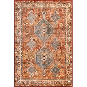 Ashen Medallion Border Machine Washable Red 4 ft. x 6 ft. Traditional Area Rug