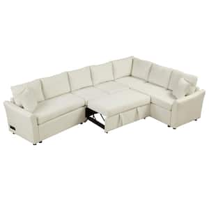 124.8 in. L Shaped Chenille Modern Sectional Sofa in. Beige Convertible Sofa Bed with 2 Back Pillows and Power Sockets