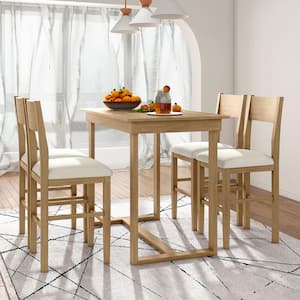 Rustic Style Brown Counter Height 5-Piece Wood Dining Table Set with 4-Beige Upholstered Chairs