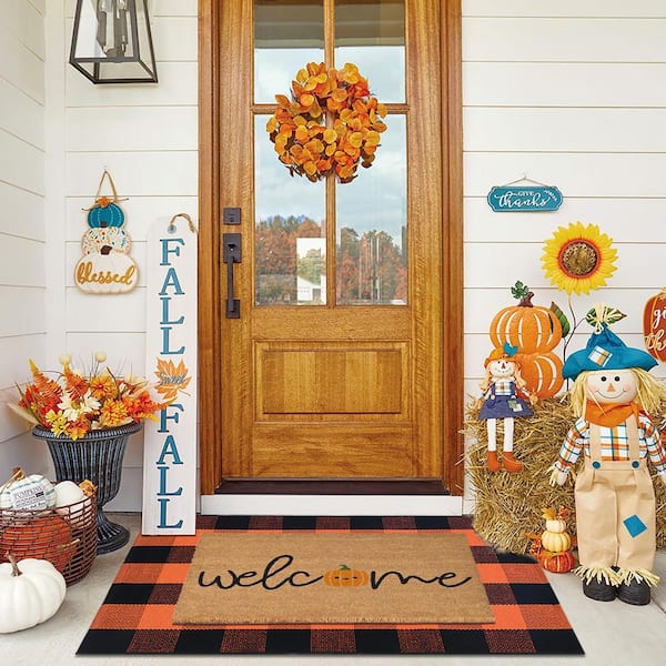 2 ft. x 1 ft. Orange and Black Synthetic Coco, Coir Fall Decor, Doormat Combo Set, Plaid Rug for Indoor Outdoor Entryway