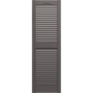 14-1/2 in. x 55 in. Lifetime Vinyl Standard Cathedral Top Center Mullion Open Louvered Shutters Pair Tuxedo Grey
