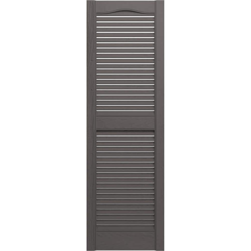 Ekena Millwork 14-1/2 in. x 67 in. Lifetime Vinyl Standard Cathedral Top Center Mullion Open Louvered Shutters Pair Tuxedo Grey