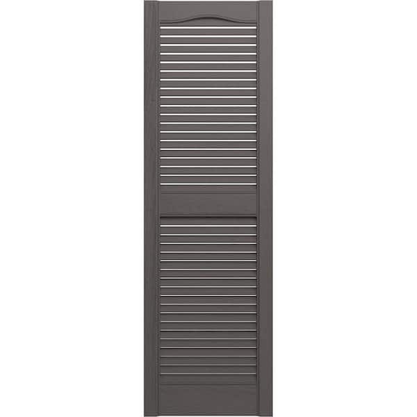 Ekena Millwork 14-1/2 in. x 72 in. Lifetime Vinyl Standard Cathedral Top Center Mullion Open Louvered Shutters Pair Tuxedo Grey