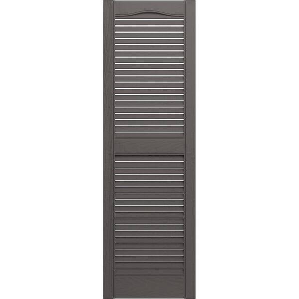 Ekena Millwork 14-1/2 in. x 75 in. Lifetime Vinyl Standard Cathedral Top Center Mullion Open Louvered Shutters Pair Tuxedo Grey