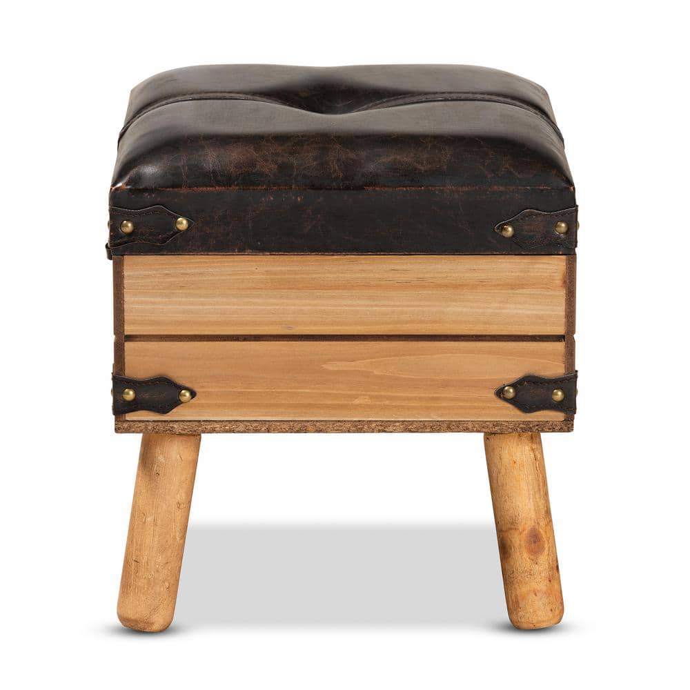 Rustic Oak and Dark Brown PU Leather Small Storage Ottoman