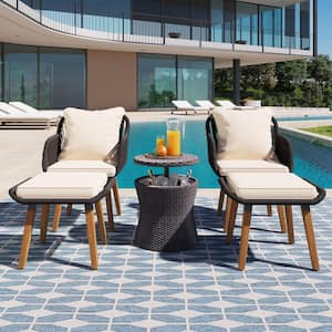 5-Piece BlackWicker Furniture Chair Sets, Outdoor Bistro Sets With Wicker Bar Table, Ottomans and Beige Cushions
