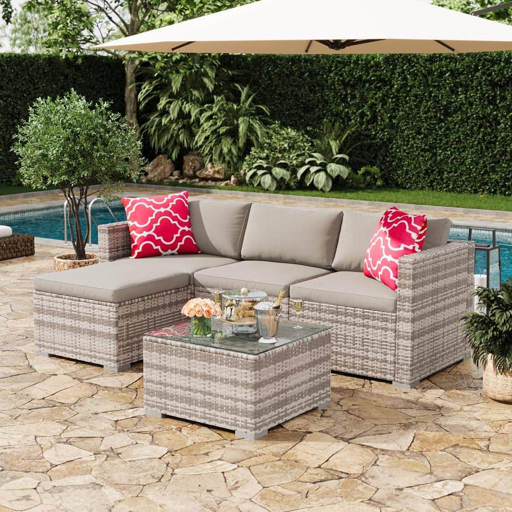 Five-Piece L-Shape Rattan Garden Set with Cushions, Gray Rattan and Light Gray Cushions with Red Pillows price history on PriceWatchPro