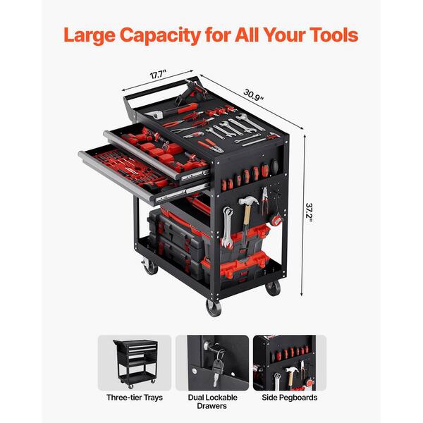5-Tier Tool Cart with Wheels, 17.72 in. W 2 Drawers 3 Shelf Black Steel Tool Cart with Locking System for Garage