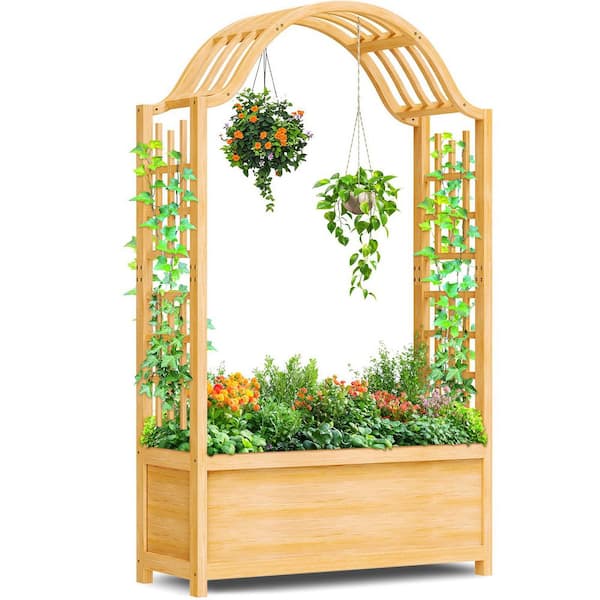 ABORON Raised Garden Bed with Trellis Wood Vertical Planter Box with Arch Trellis Outdoor with Hanging Roof for Climbing Plant