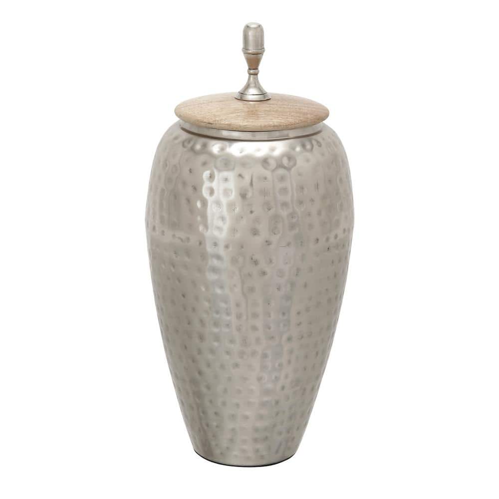 Contemporary 7" x 16" Silver Iron Jar with Wooden Lid
