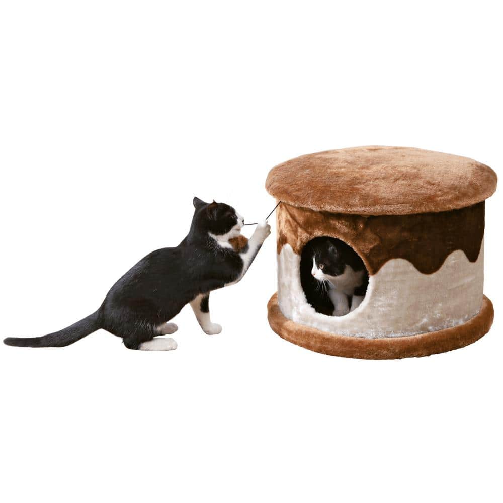 Cozy Brown and Beige Faux Fleece Cat Condo with Pom-Pom Toy