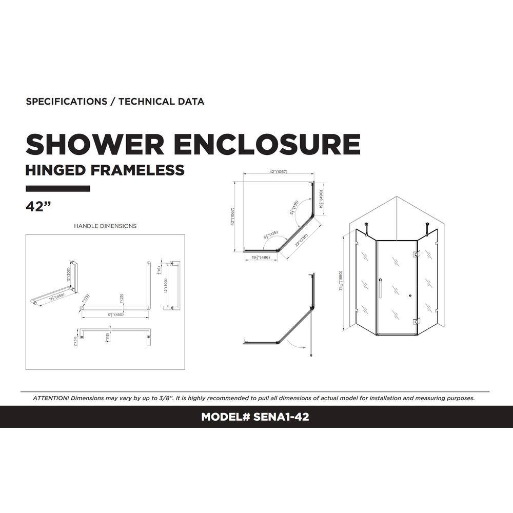42'' W x 74'' H Black Frameless Glass Shower Enclosure