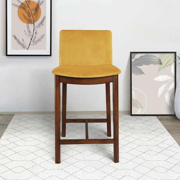 Ashcroft Furniture Co Shepherd 25.2 in. Dark Yellow High Back Solid Wood Counter Stool with Velvet Seat