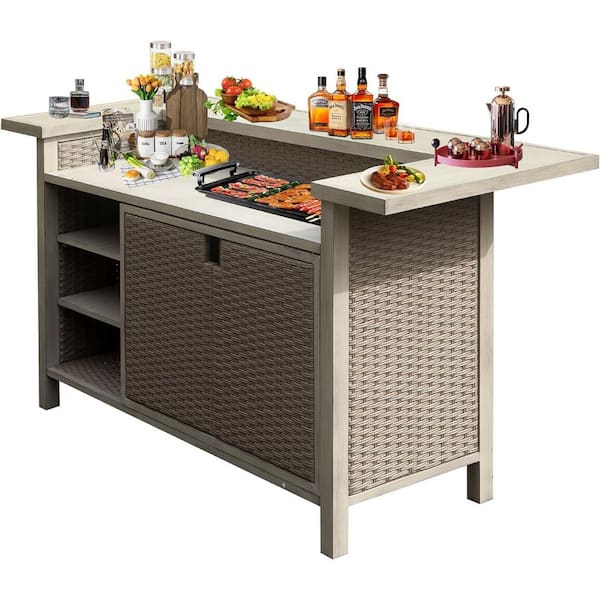 Wicker Aluminum Outdoor Bar with Cabinet, Patio Bar Storage, Wood Grain, All Weather, Outdoor Kitchen Backyard Entertain