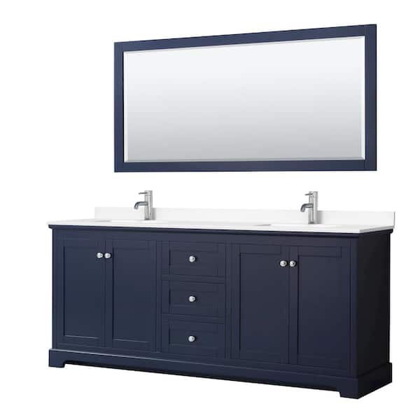 Wyndham Collection Avery 80 in. W x 22 in. D x 35 in. H Double Bath Vanity in Dark Blue with White Cultured Marble Top and 70" Mirror