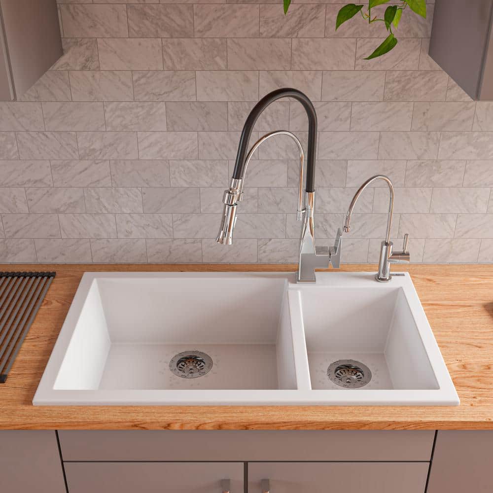White 34" Double Bowl Drop-In Granite Composite Kitchen Sink