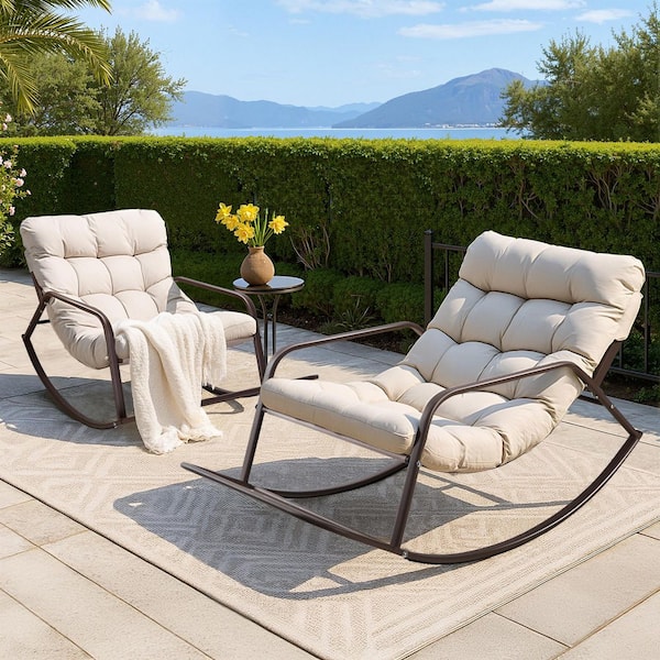 Unbranded Oversized Brown Metal Outdoor Rocking Chair Papasan Lounge Chair with Beige Padded Cushion (2-Pieces)